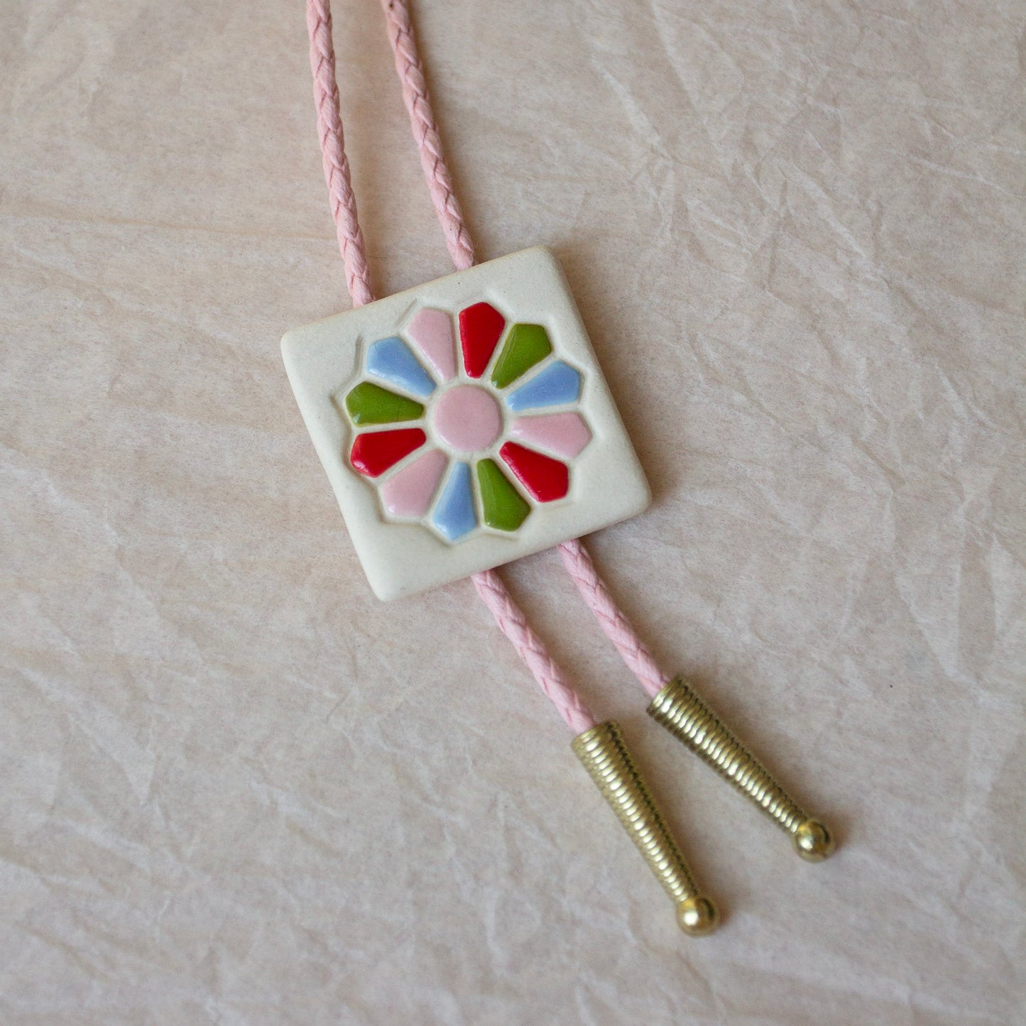 Dresden Plate Quilt Square Bolo Tie - Pink, Red, Blue, + Green