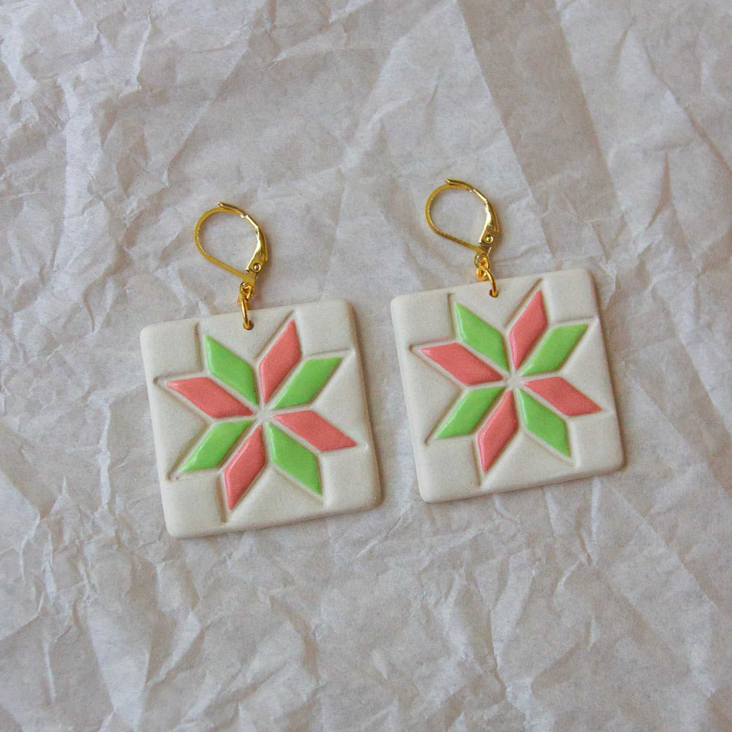 Green and pink quilt square earrings