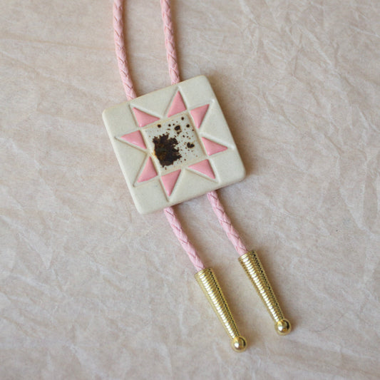 Pink and Cookies and Cream Sawtooth Star Quilt Square Bolo Tie