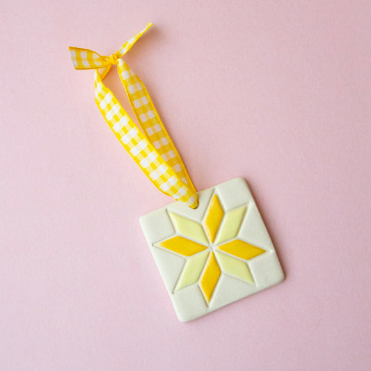 Eight Pointed Star Quilt Square Ornament - Yellows
