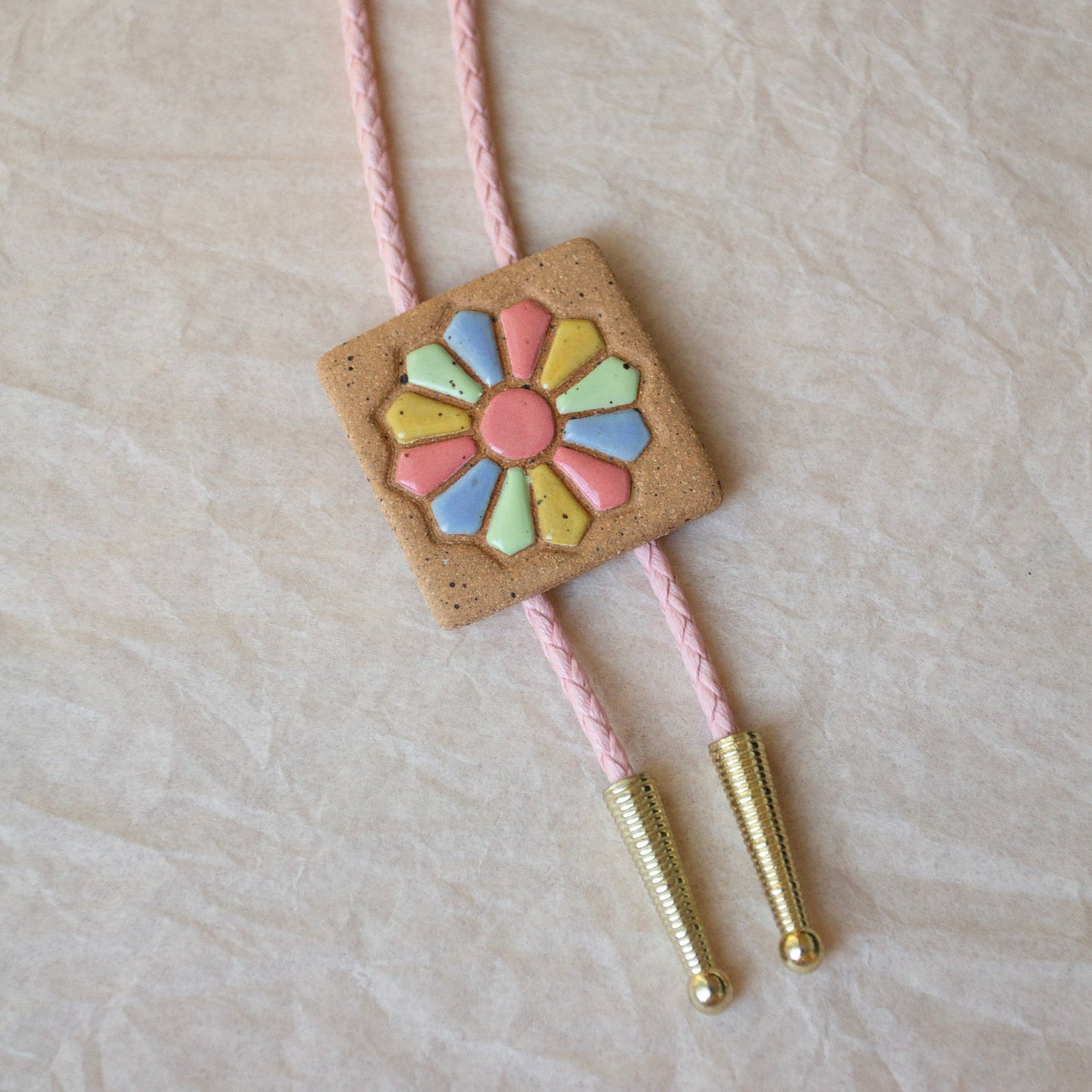 Dresden Plate Quilt Square Bolo Tie - Pink, Green, Yellow, and Blue