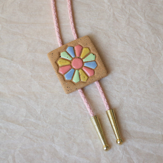 Dresden Plate Quilt Square Bolo Tie - Pink, Green, Yellow, and Blue