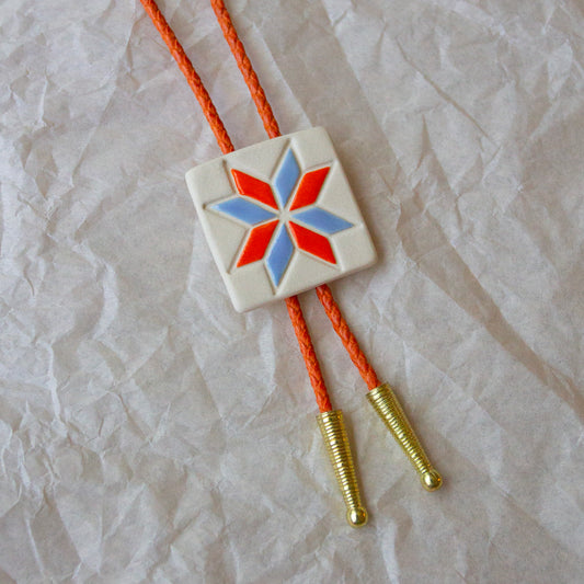 Eight-Pointed Star Quilt Square Bolo Tie - Orange and Periwinkle