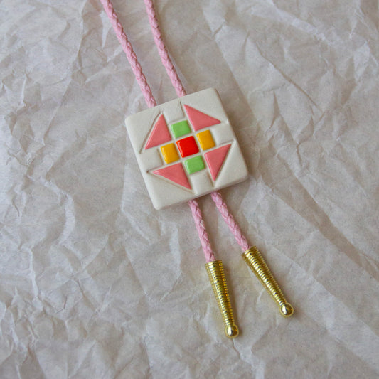 Churn Dash Quilt Square Bolo Tie - Pink, Yellow, Pistachio, and Orange