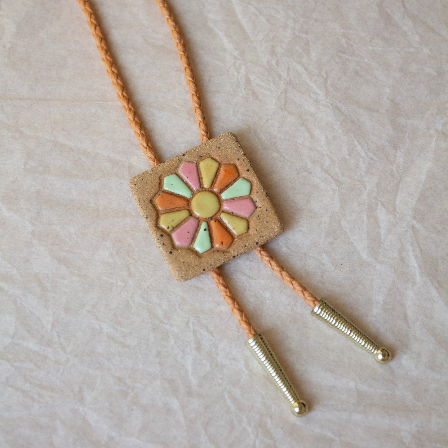 Dresden Plate Quilt Square Bolo Tie - Pink, Green, Yellow, and Orange