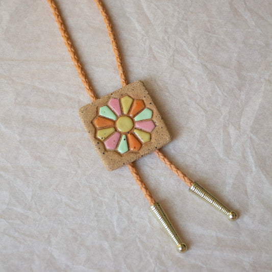 Dresden Plate Quilt Square Bolo Tie - Pink, Green, Yellow, and Orange