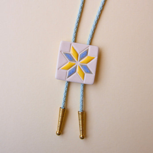 Eight Pointed Star Quilt Square Bolo Tie - Blue and Yellow