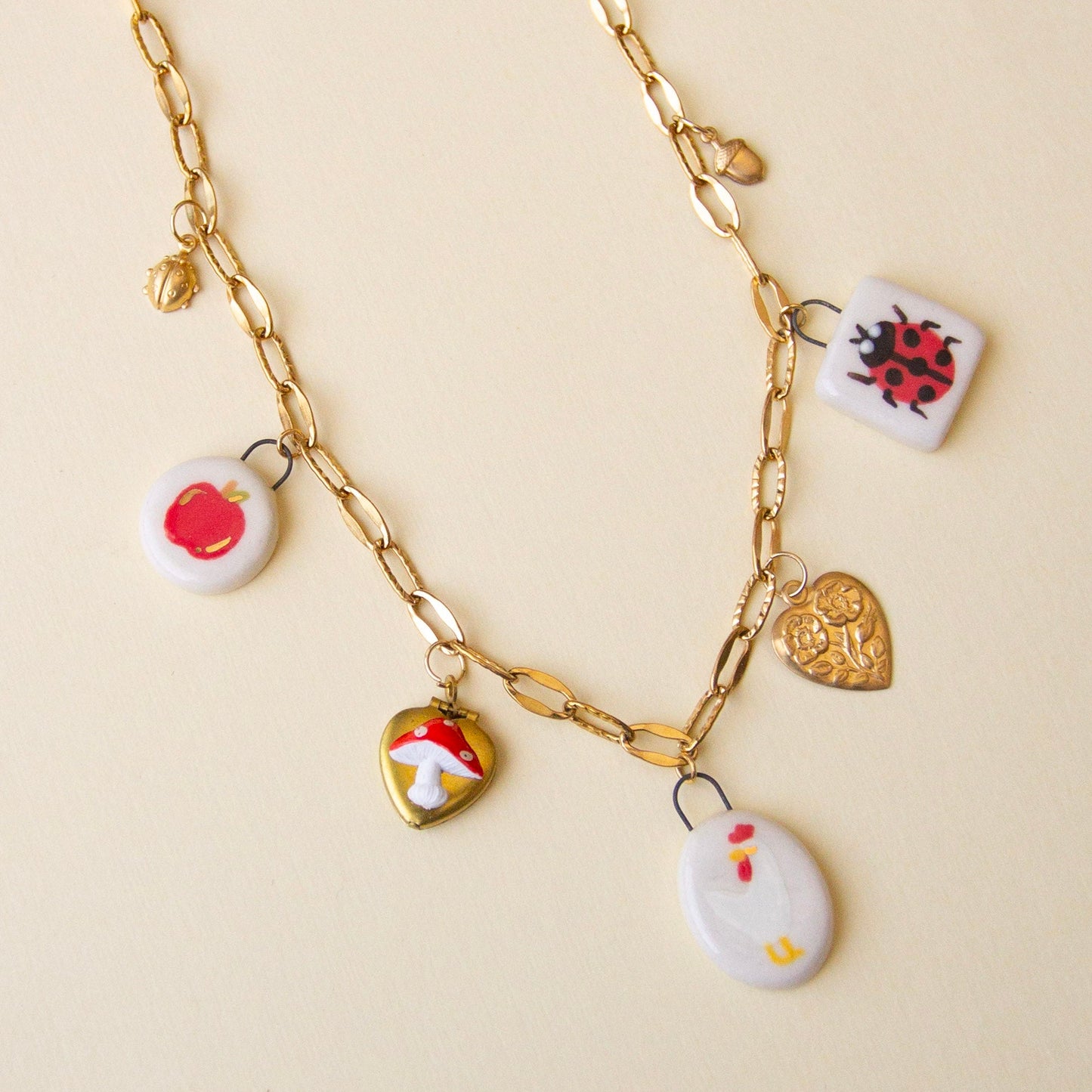 White Chicken with Ladybug Charm Necklace
