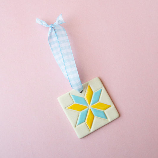 Eight Pointed Star Quilt Square Ornament - Yellow and Blue