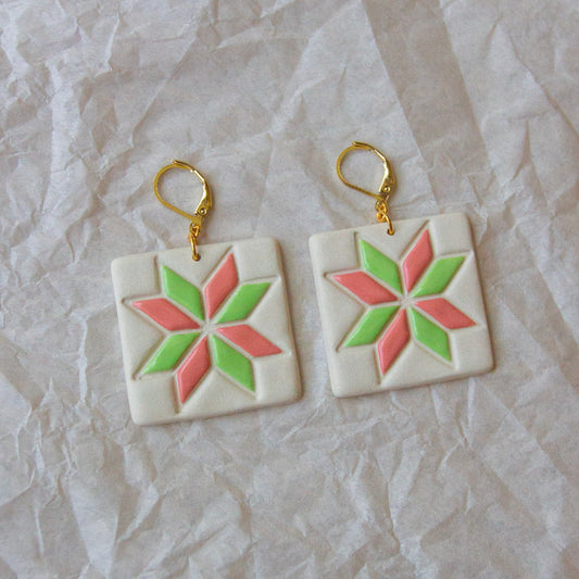 Green and pink quilt square earrings