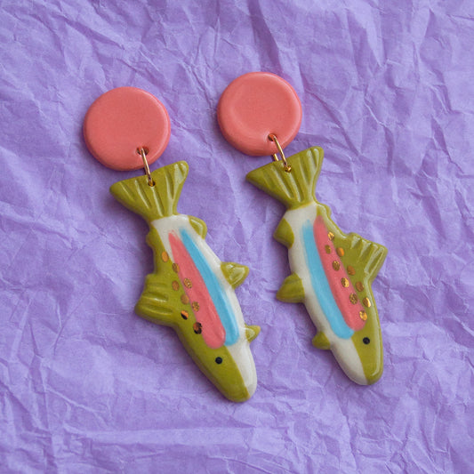 Rainbow Trout Earrings with Pink Stud
